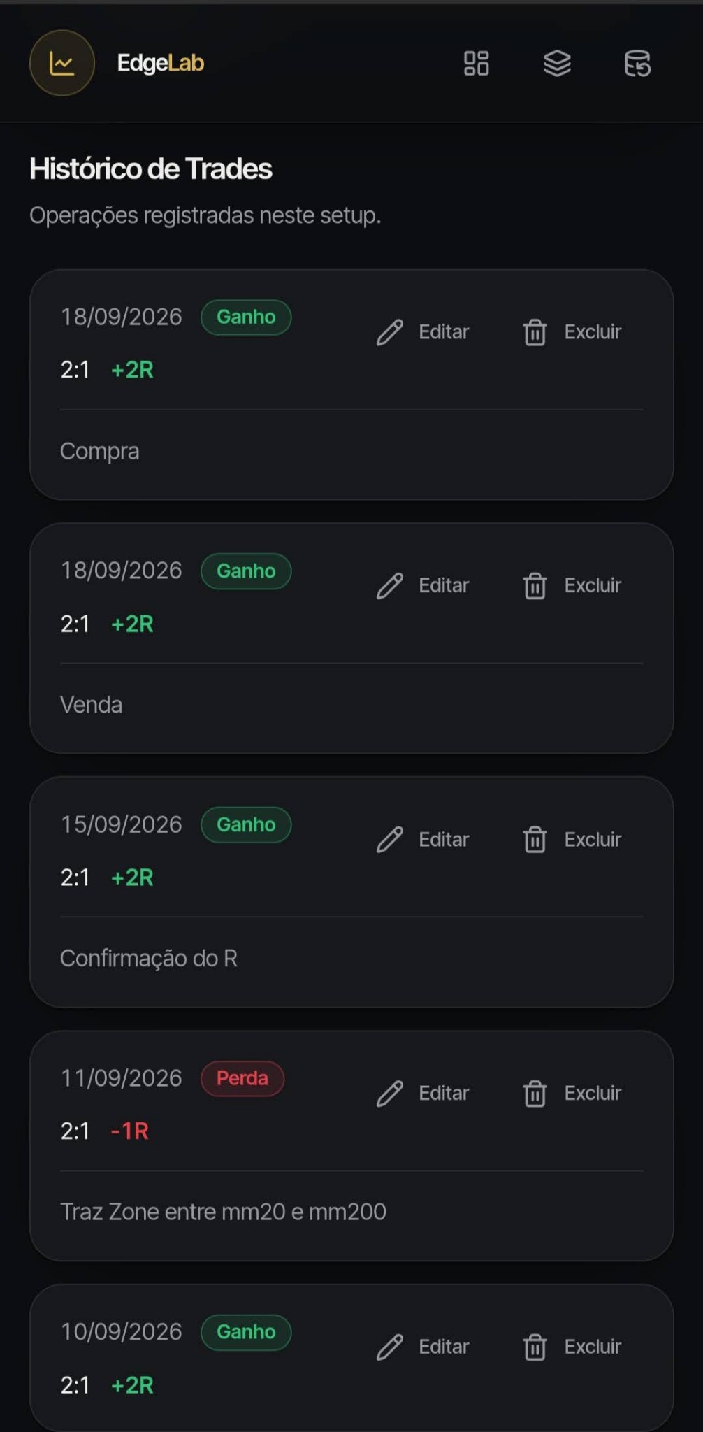 Histórico de trades no EdgeLab