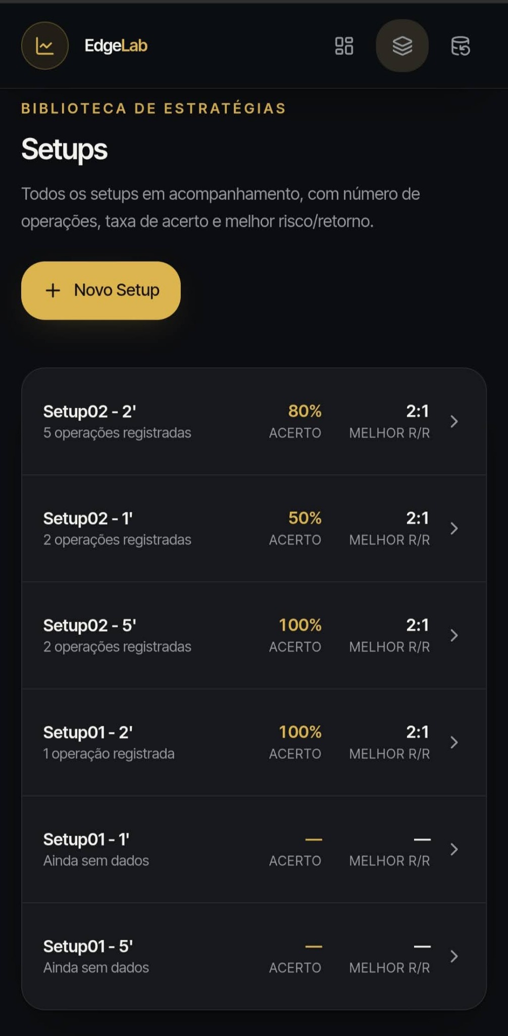 Biblioteca de setups cadastrados no EdgeLab